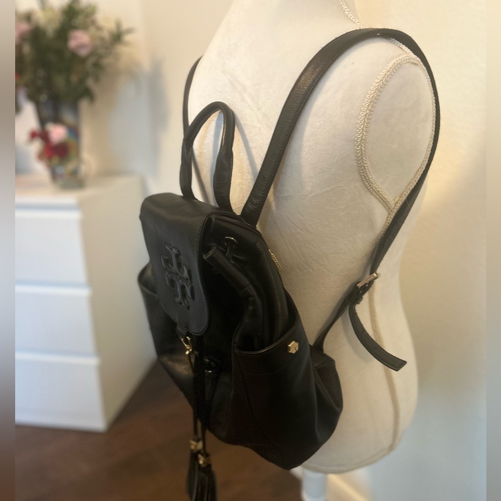Tory Burch Black Leather Logo Drawstring Backpack - Picture 4 of 16